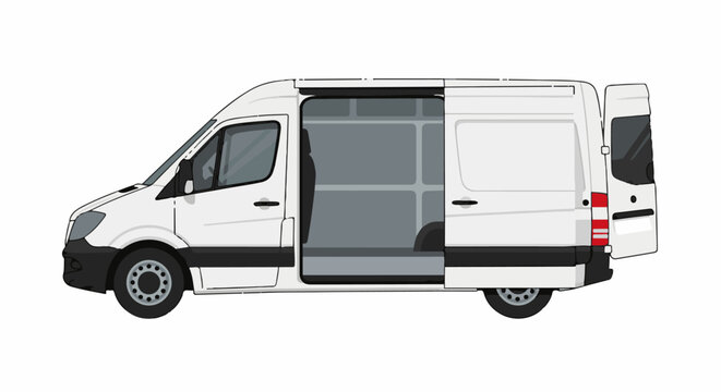 White cargo van with side and rear doors open, showing interior