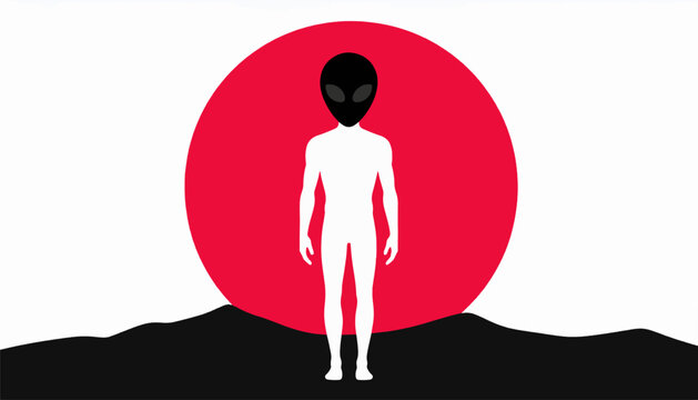 A white figure with a black alien head stands before a red circle