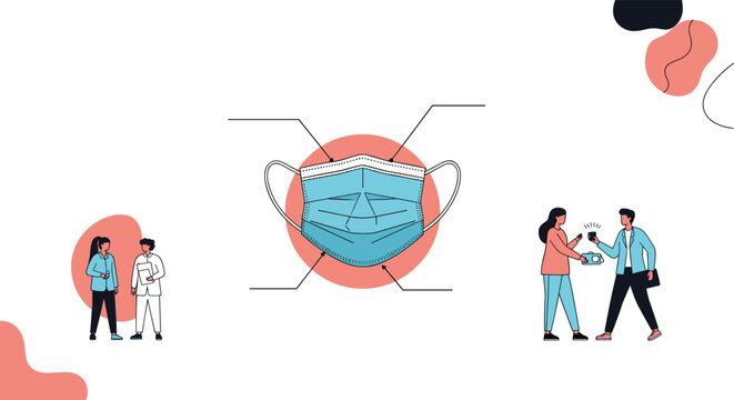 Informational graphic featuring a blue surgical medical mask with diagram lines, surrounded by people following safety protocols.