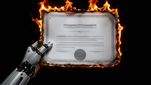 Robotic hand holds burning certificate symbolizing impact of AI traditional validation methods. alignment of technology and authenticity raises