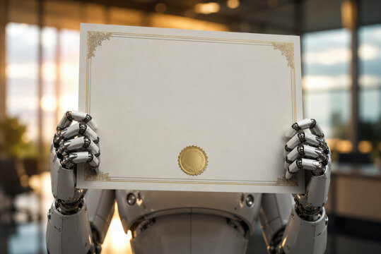 Robot holds blank certificate in modern office setting, symbolizing alignment of technology and achievement while faking traditional recognition