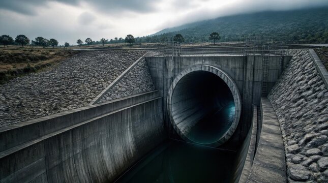 Large concrete drainage pipe and water canal infrastructure under cloudy sky.