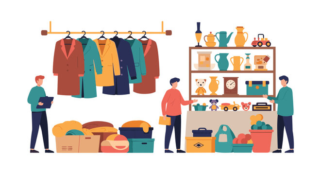 People sort through donations of clothing and toys at a community charity center or local thrift shop.