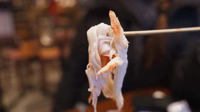 4K Video Footage of Imitation Crab Stick Surimi Seafood Food on Skewer