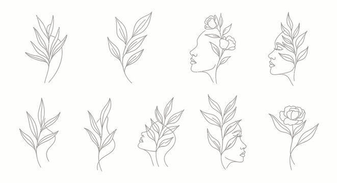 Woman face with leafy hair design.