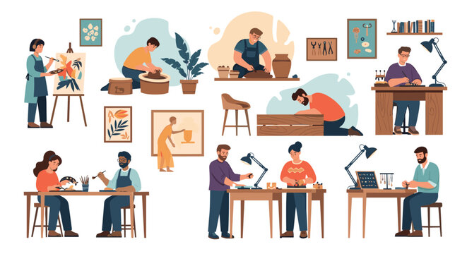 diverse group of creative artists and craftspeople work on various projects like painting, pottery, and woodworking.