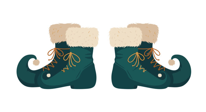 two pairs of whimsical green elf boots with white fur trim and golden bells are shown on a clean white background.