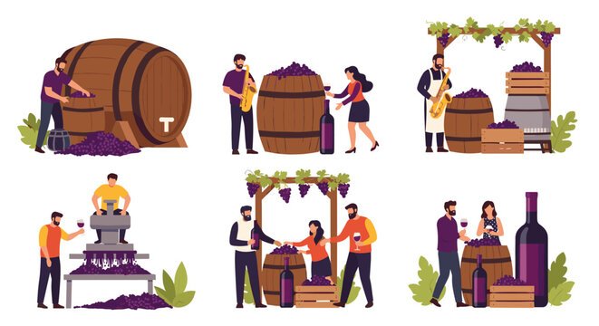 skilled winemakers perform various stages of the wine production process including crushing grapes and filling barrels.