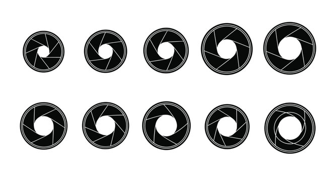 Schematic diagram showing various camera lens aperture settings from wide open to small diameter for controlling light and depth of field.