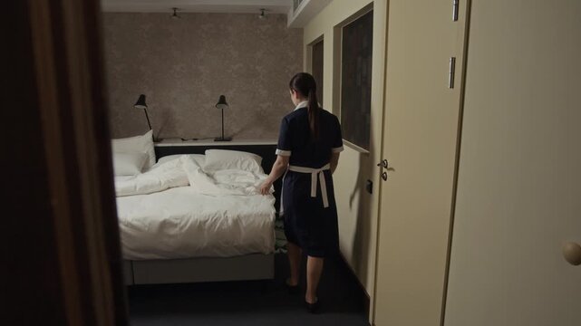 Young adult Caucasian woman in uniform walking into hotel room and making bed. Footage is ideal for hospitality industry marketing and housekeeping service promotions, wide shot