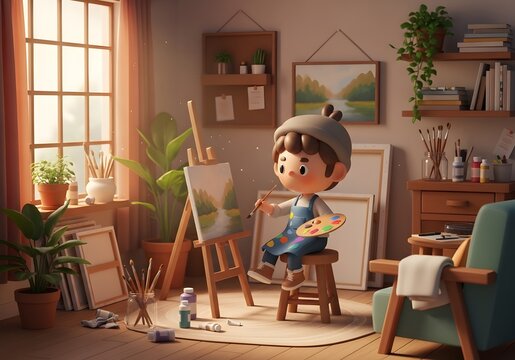 3D cartoon painter painting a landscape on canvas in an aesthetic and warm art studio.