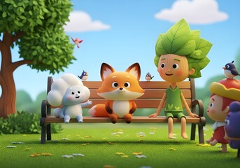 Fototapeta premium The fox character and his unique friends are sitting relaxed on a park bench with a cheerful atmosphere.