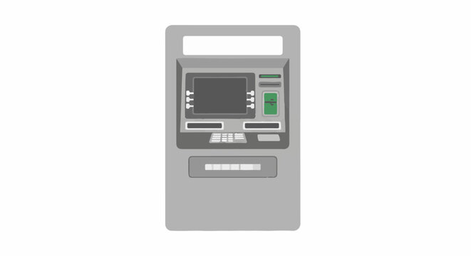 A gray automated teller machine with a screen, keypad, and cash dispenser