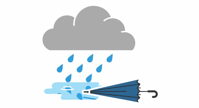 A gray cloud rains blue drops onto a puddle with a broken blue umbrella