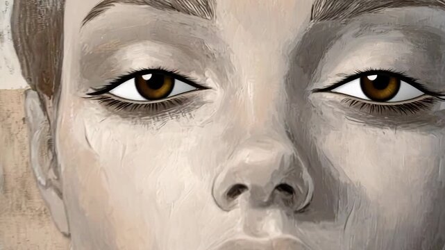 The video shows close up images of a woman's face. Different angles highlight her features and expressions. The art style is simple, focusing on her eyes and lips clearly