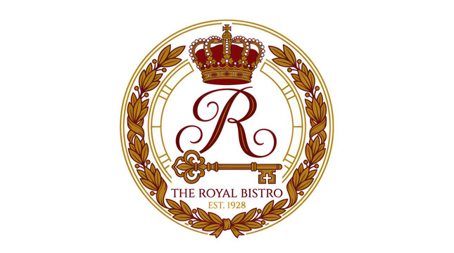 Royal Bistro Logo: Crown, Key, Wreath, Elegant Script R, Est. 1928