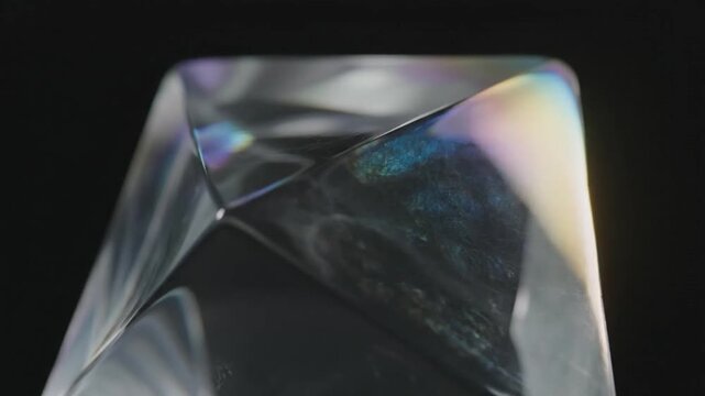 Macro shot of faceted crystal glass with rainbow light refractions