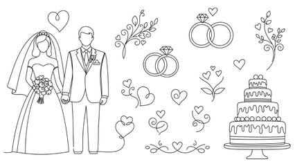 A wedding couple stands together surrounded by wedding rings cake and hearts © Stock Image Paradise