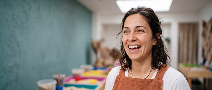 Smiling female teacher in classroom laughing happily during creative preschool workshop art class with colorful sensory tables, joyful adult preschool educator caring for young students passionately.