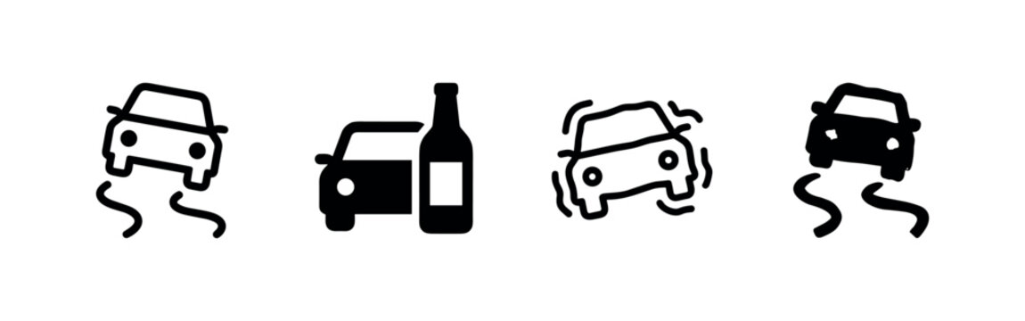 Four icons representing dangerous driving: slippery road, drunk driving, erratic driving, and collision.