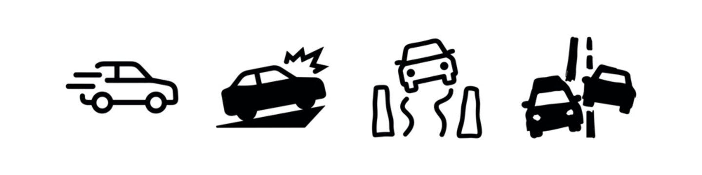 Four car icons illustrating traffic incidents: speed, crash, swerving, and multi-car pile-up.