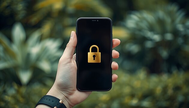 Hand holding smartphone showing lock security icon outdoors