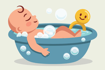 Naklejka premium Contented baby enjoys a relaxing bath in a blue plastic tub filled with bubbles and a smiling yellow toy figure nearby.