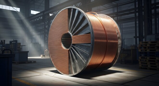 Large Copper Coil in Industrial Warehouse with Dramatic Lighting.