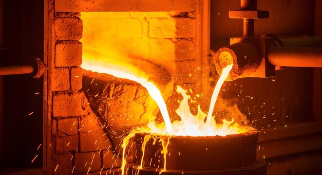 Molten Metal Pouring into Industrial Furnace Glowing Hot.