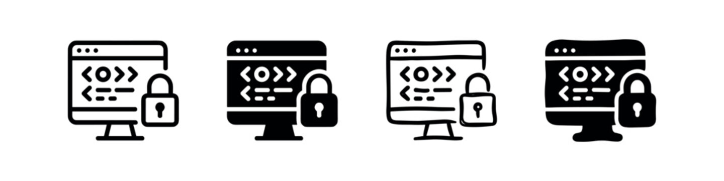 Secure coding icons: computer, code, padlock, security, programming