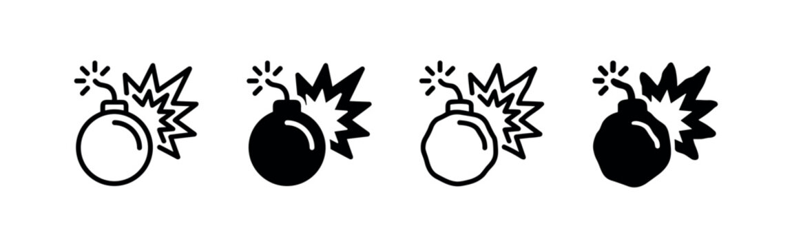 Bomb with explosion icon set for danger and immediate threat. Represents crisis, terrorism, destruction, and warning.