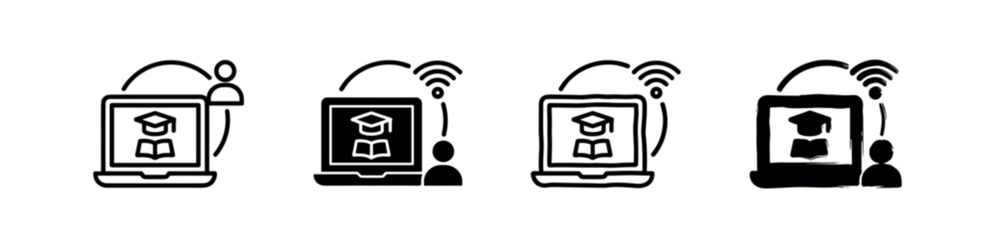 Online learning icons with laptop and graduation cap
