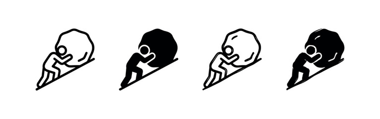 Effort and Perseverance Man Pushing Boulder Uphill Icon Set - Challenge, Struggle, and Hard Work Symbol © liubomir118809