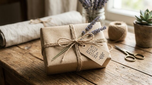 Rustic Gift Wrapping with Natural Elements on Wooden Table.