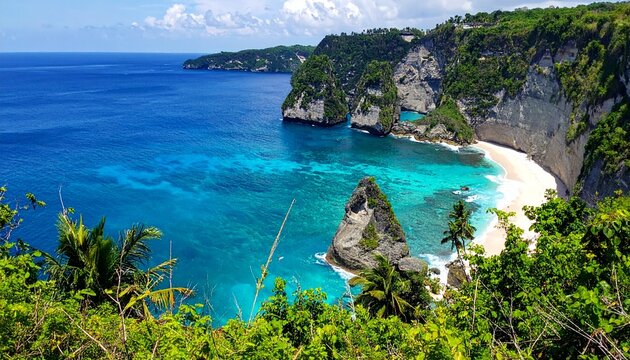 A stunning tropical lagoon surrounded by cliffs, emerald water, white sand, and lush vegetation