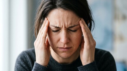 Fototapeta premium Woman grips her temples, eyes closed, appearing in pain or stress. Her dark, messy hair frames a weary, pained expression. Soft background blurs, focusing attention on her emotional state