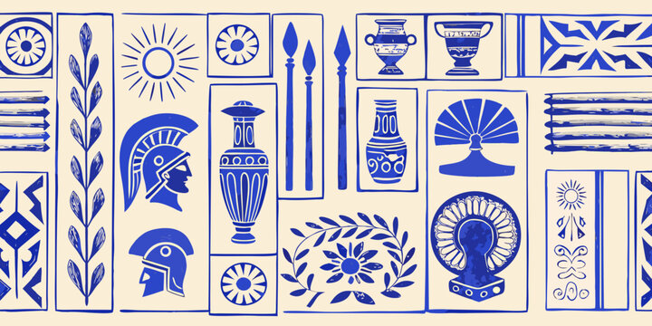 vintage greek culture icons blue silhouette on cream background helmets urns spear