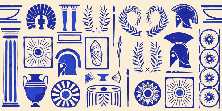 vintage greek culture icons blue silhouette on beige background column amphora helmet