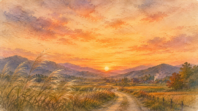 夕暮れの一本の田舎道と山あいの集落 ススキと田んぼが広がる水彩画風イラスト