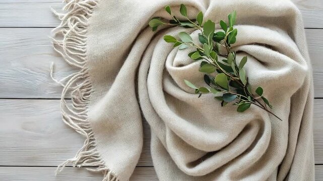 A soft blanket is laid out on a wooden table. Green leaves are placed on top of the blanket. The setting is bright and simple. This creates a warm and inviting scene for home decoration
