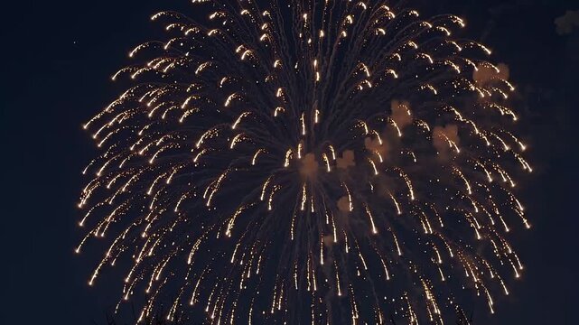 Vibrant golden fireworks exploding in the night sky with smoke trails video
