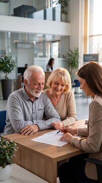 Happy senior couple consulting with female financial advisor about retirement planning at local bank