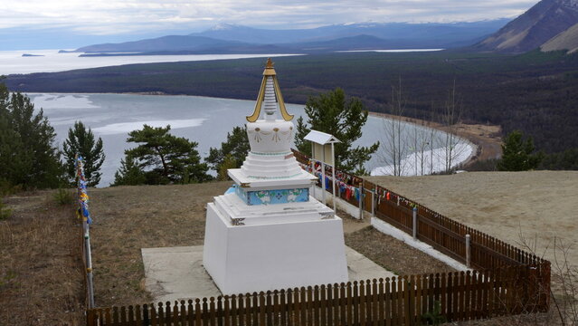 Severobaikalsk, Russia - May 10, 2025: Buddhist stupa on the shore of Lake Baikal in early spring.