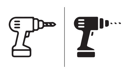 Drill Icons: A side-by-side comparison of two drill icons, one rendered in outline and the other in solid black, showcasing different graphic styles for the power tool. © iconstore