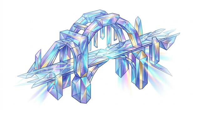 Fantasy ice bridge structure with glowing crystals and icicles.