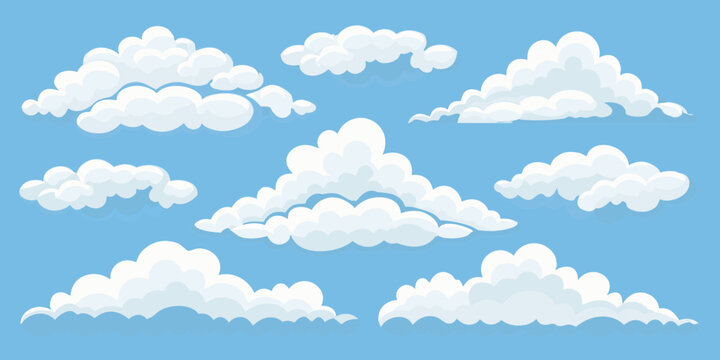 cartoon clouds on blue sky background white fluffy puffy vector illustration scenic