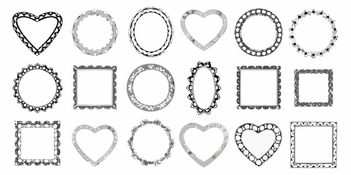 collection of vintage silver ornate frames on white background decorative border heart