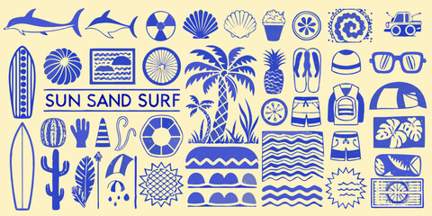 surfing icons set in blue monochrome style on yellow background surfboard dolphin © Shamal