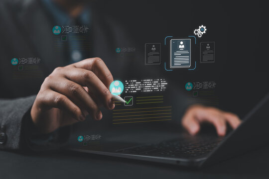 AI recruitment screening with automated candidate analysis and verification, representing HR technology, talent management, hiring efficiency, and workforce analytics.