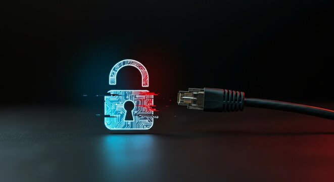 Eye-level close-up of a glowing digital padlock icon glitching above the exposed end of a secure cable.